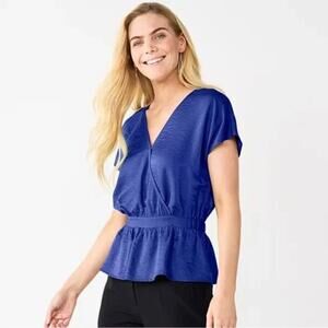 Nine West Peplum Blouse Top Short Sleeve Royal Blue XXL New
